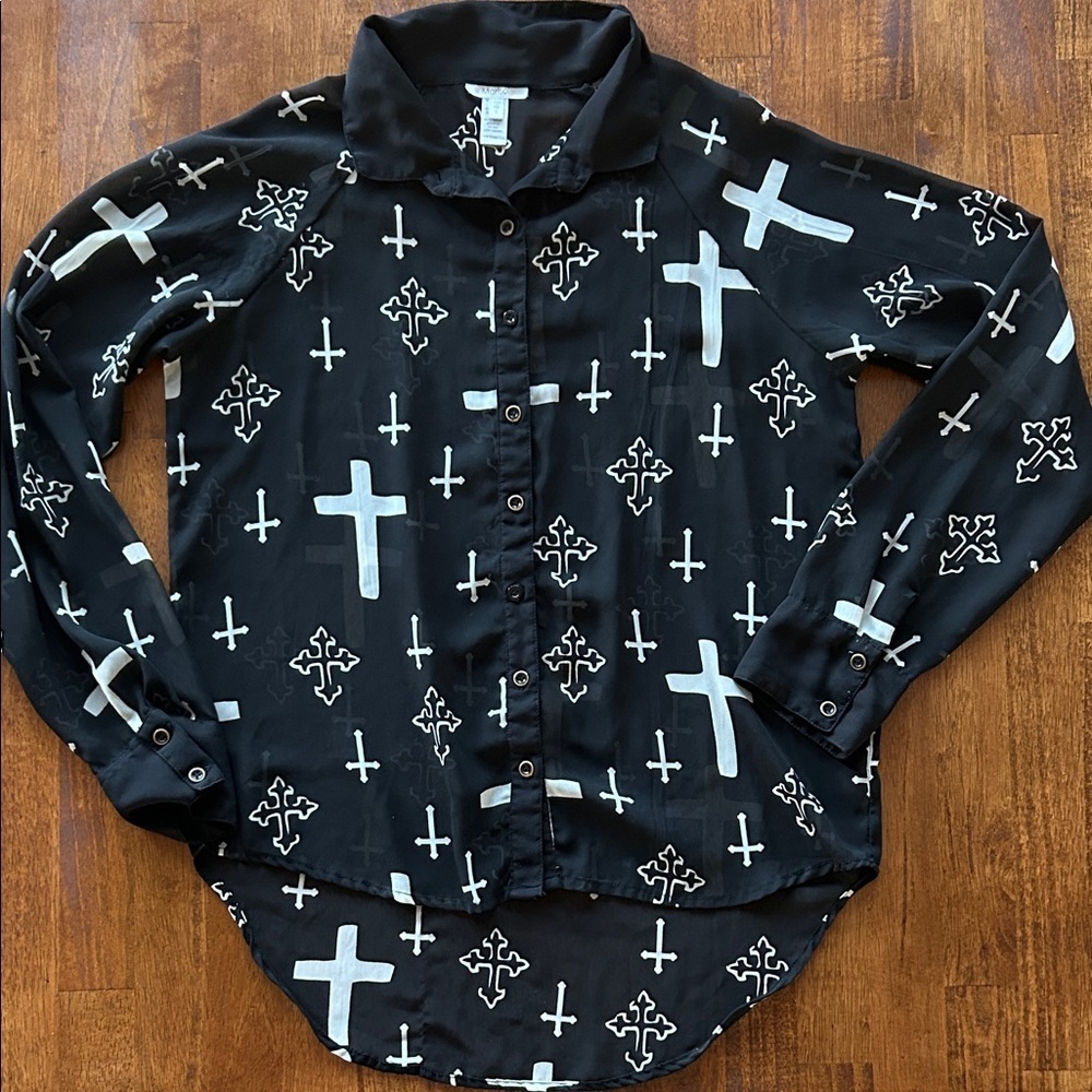 Marisol edgy Goth rock, sheer blouse cross design, black white top women’s large - Picture 5 of 14